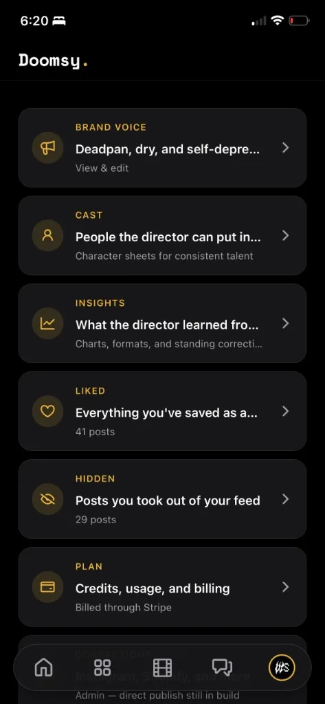 Doomsy brand settings — voice, cast, insights, liked, hidden