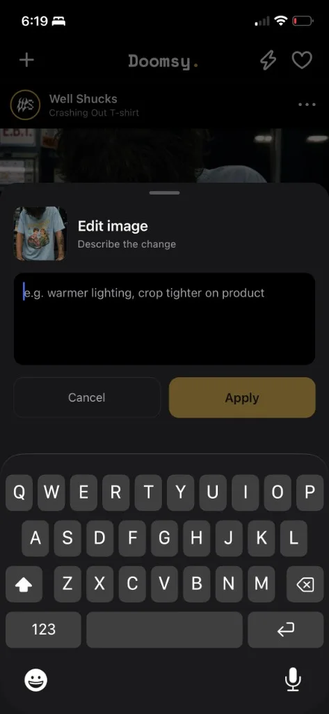 Doomsy edit image sheet — describe the change in plain English