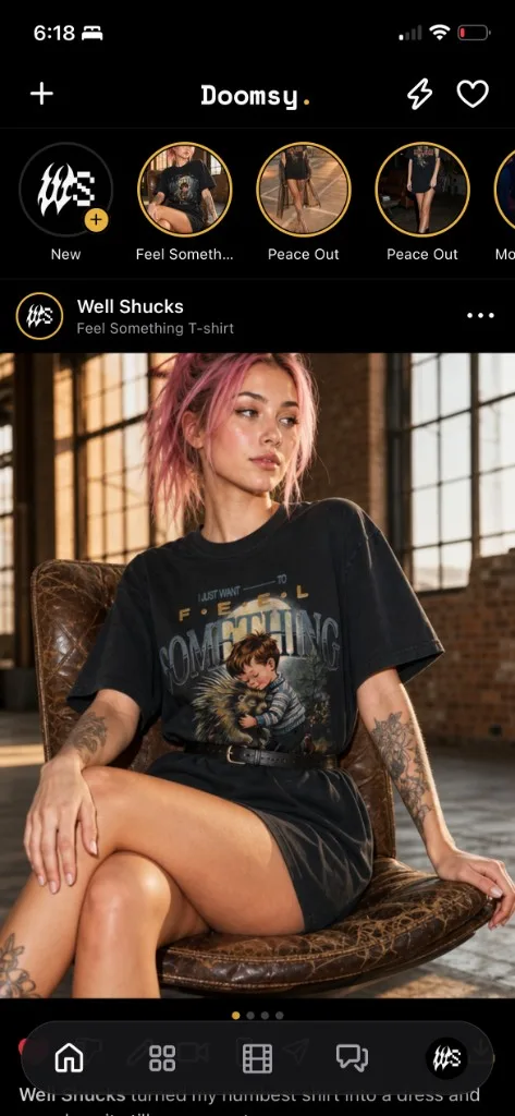 Doomsy home feed with product stories and Well Shucks post