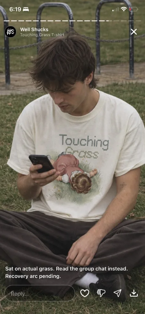 Doomsy story view for Touching Grass T-shirt
