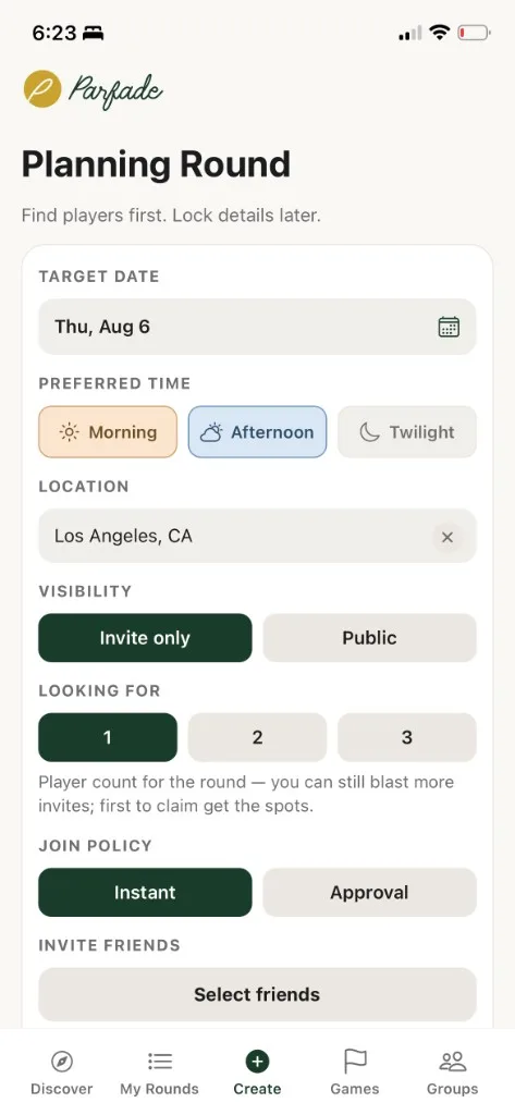 Parfade Planning Round form with time, visibility, and join policy