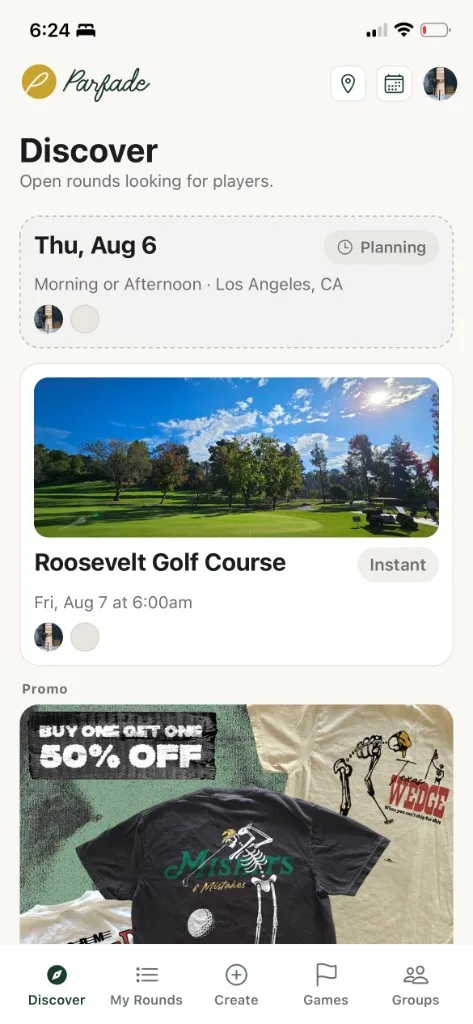 Parfade Discover feed with planning and instant rounds