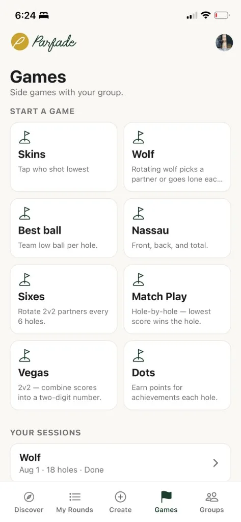 Parfade Games hub with Skins, Wolf, Nassau, and more