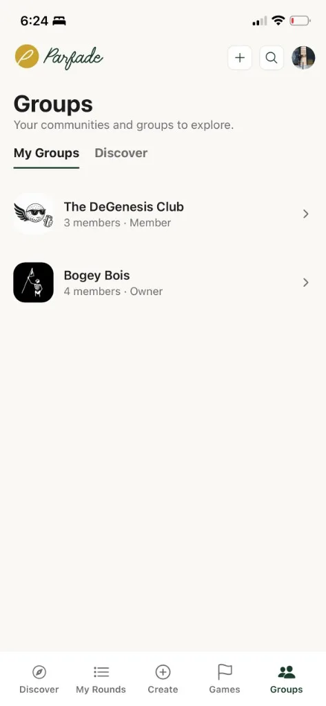 Parfade Groups — My Groups list