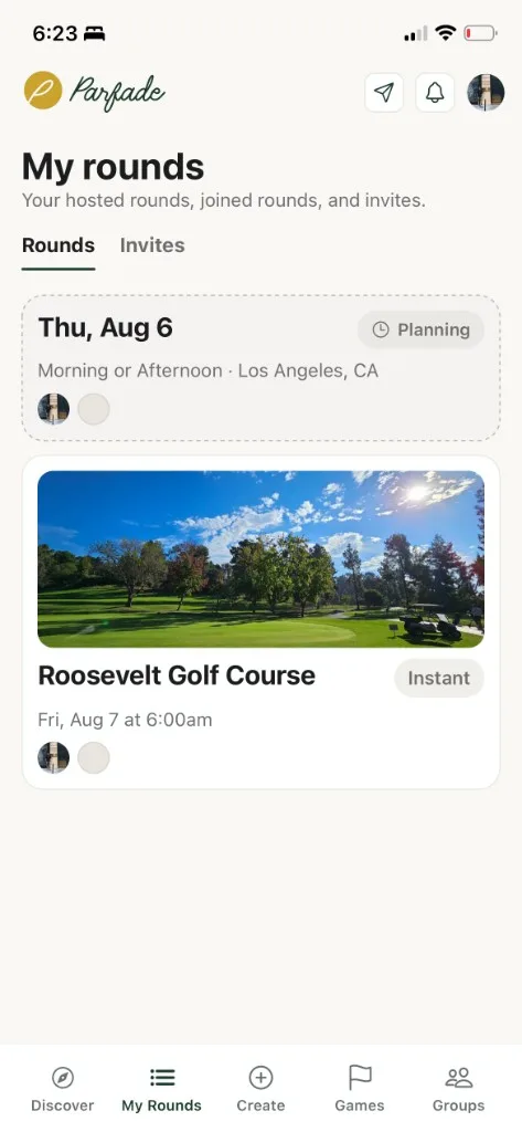 Parfade My Rounds — planning and confirmed tee times