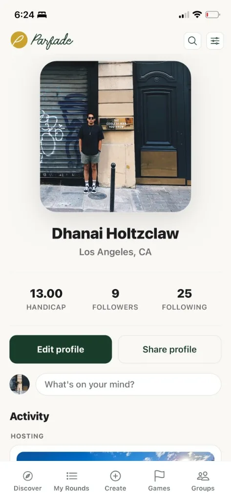 Parfade profile with handicap, followers, and activity