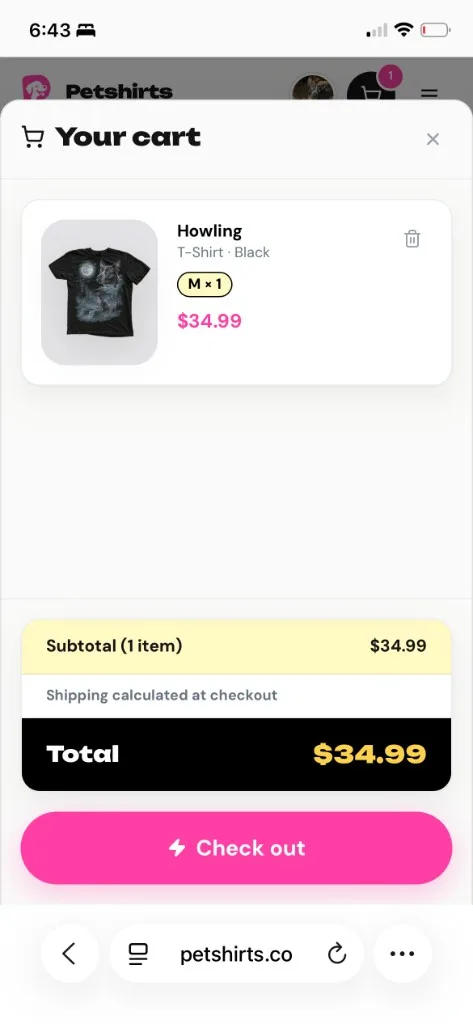 Petshirts cart — Howling T-Shirt Black checkout