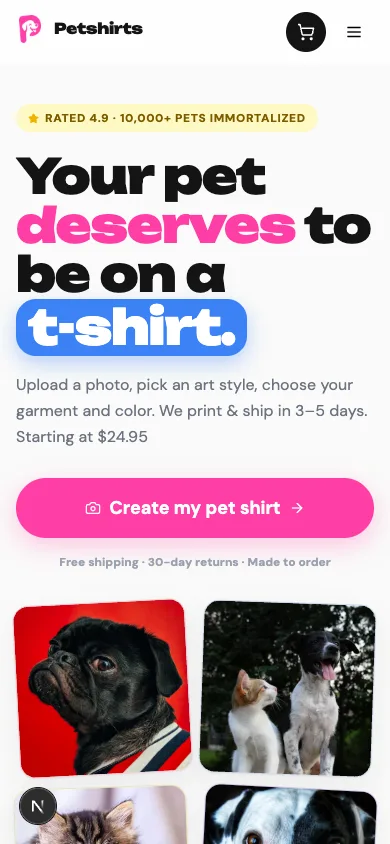 Petshirts mobile landing — Your pet deserves to be on a t-shirt