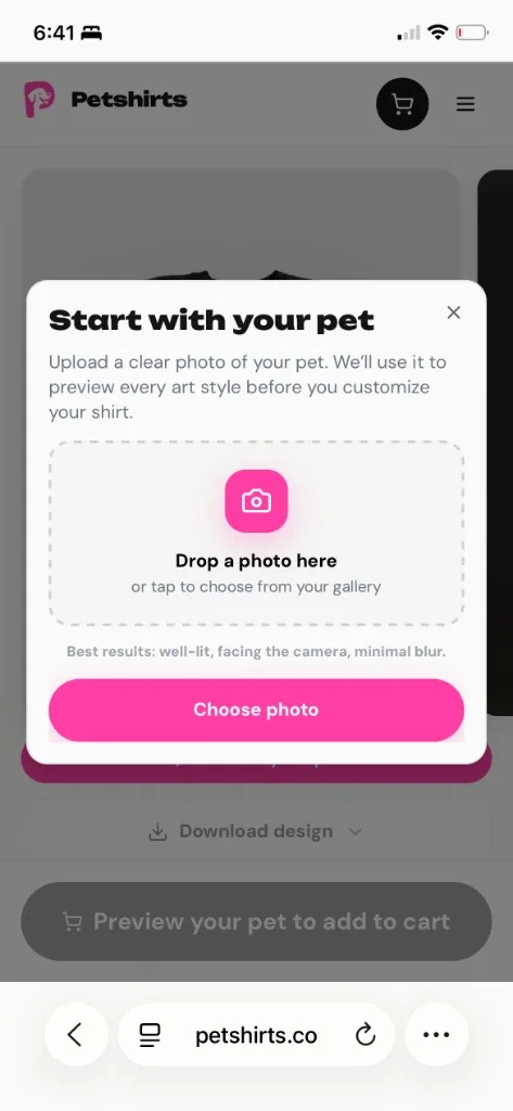 Petshirts Start with your pet upload modal