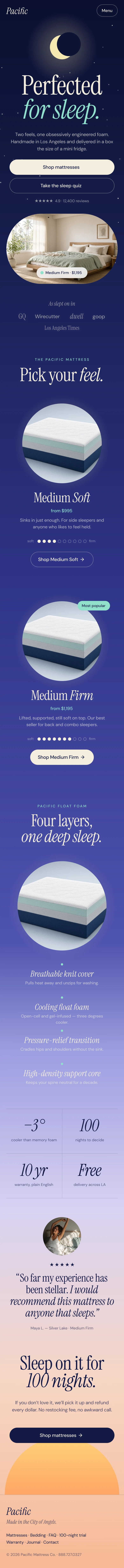 Pacific Mattress mobile redesign - full 390 layout from Figma