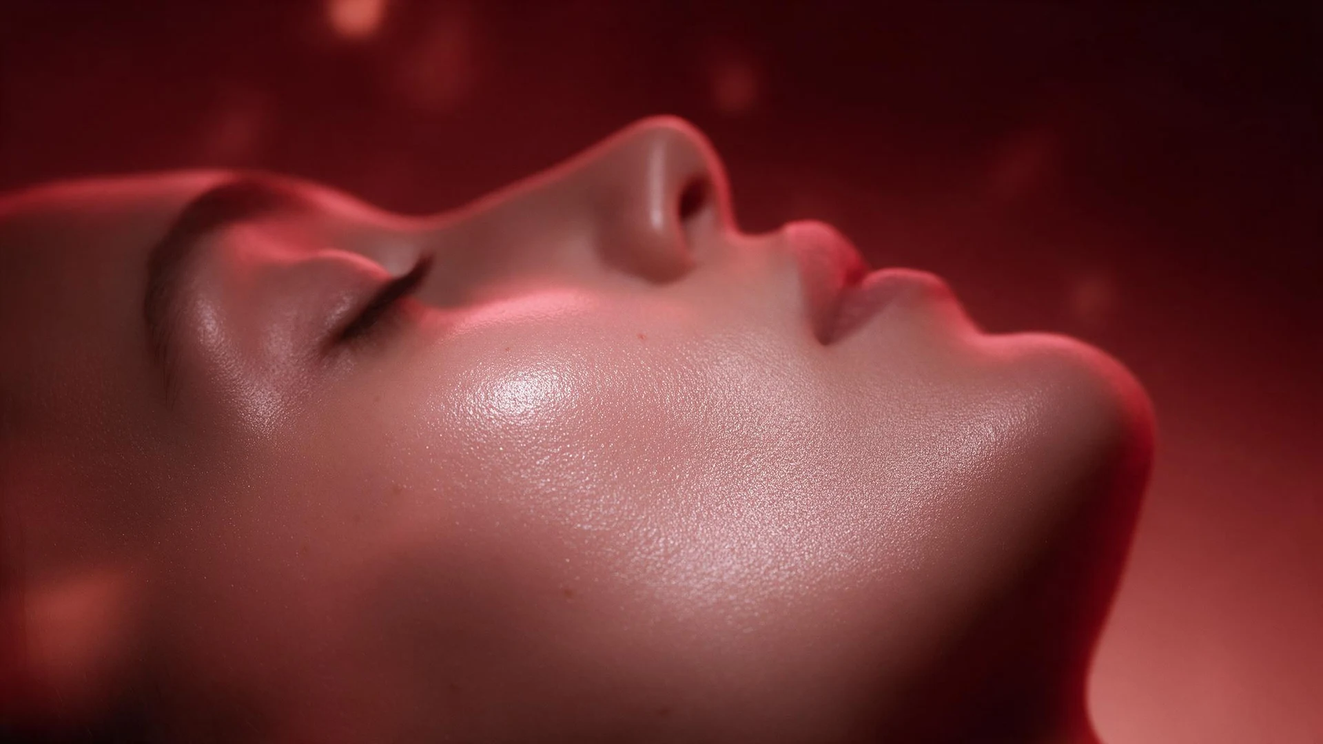 Close-up profile of skin lit in soft red light