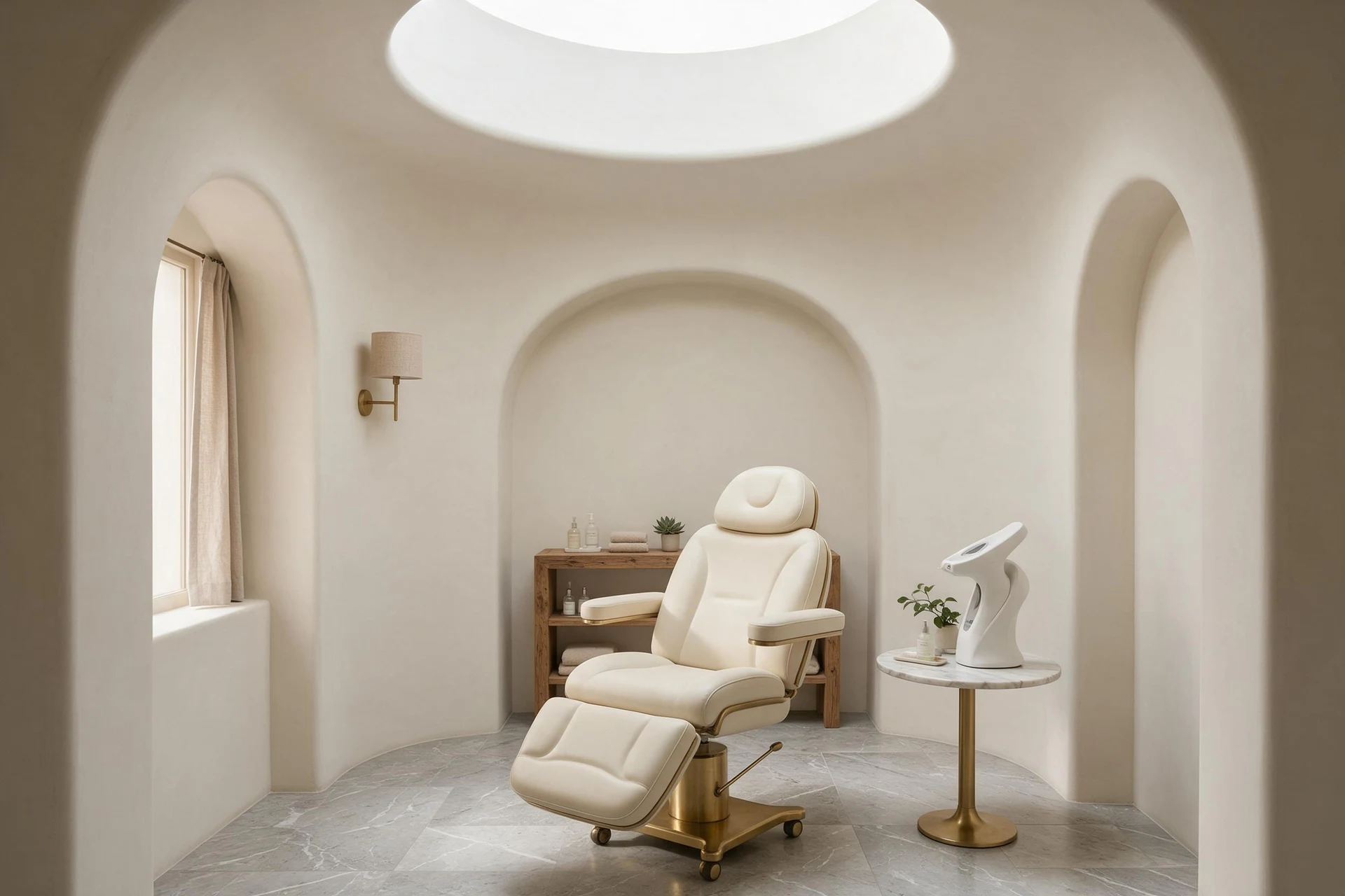 Arched plaster treatment room with a cream chair under a skylight