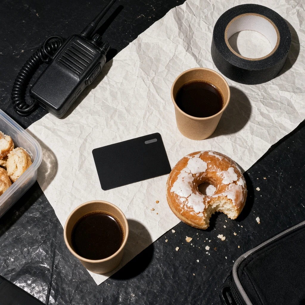 Black payment card on a craft services table with coffee and a donut
